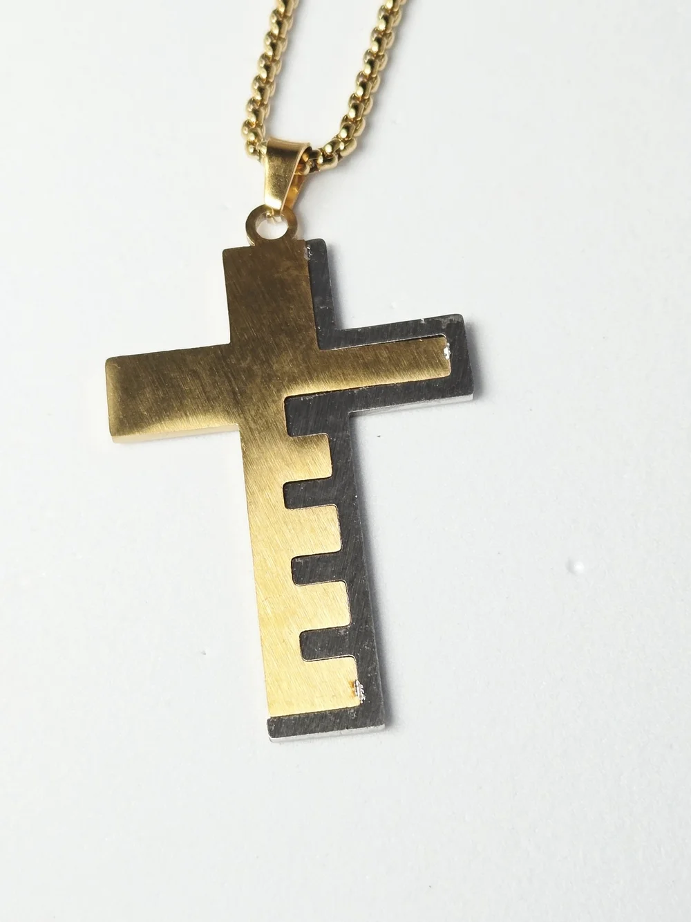 Lord's Prayer Cross Key Necklace Two Tone Stainless Steel 24